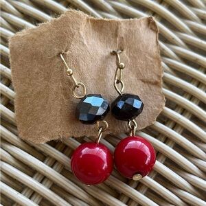 Gold Tone Red & Black Bead Drop Earrings